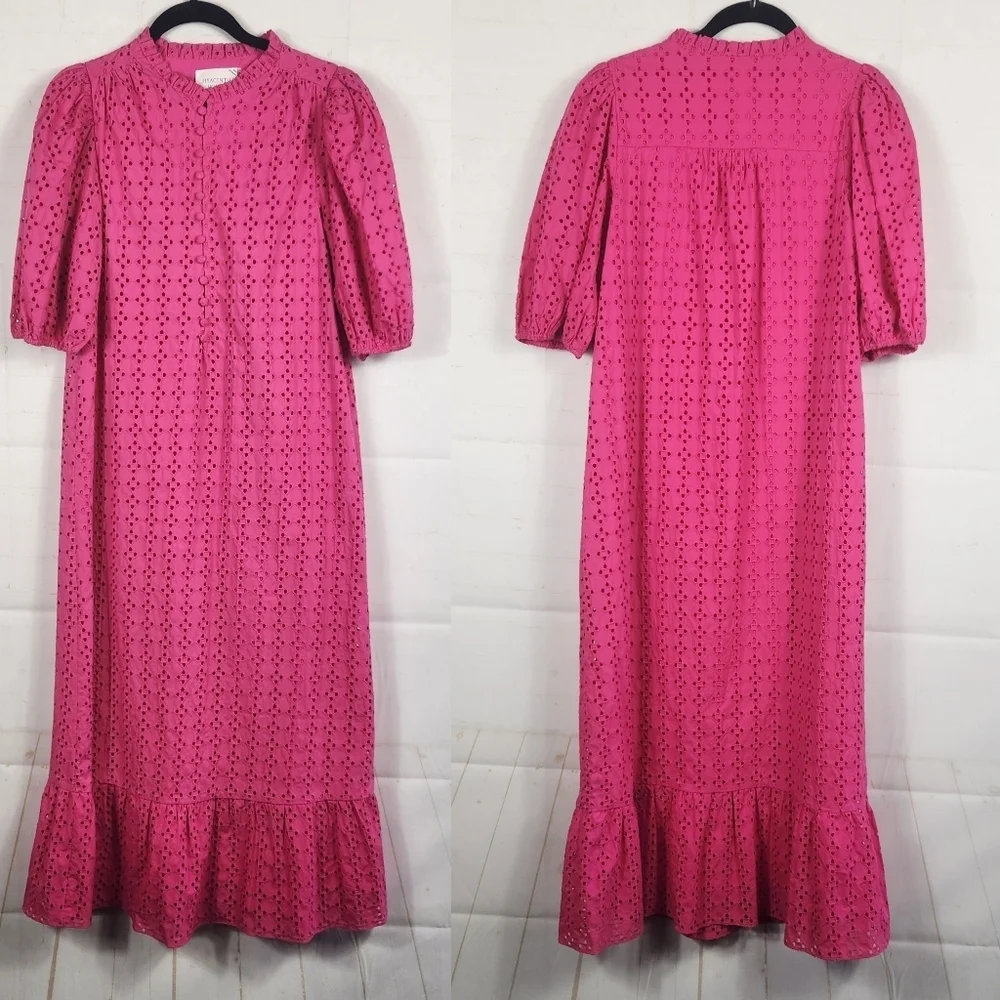 Tuckernuck Hyacinth House Pink Eyelet Midi Dress Ruffle Hem Preppy S - Picture 2 of 15